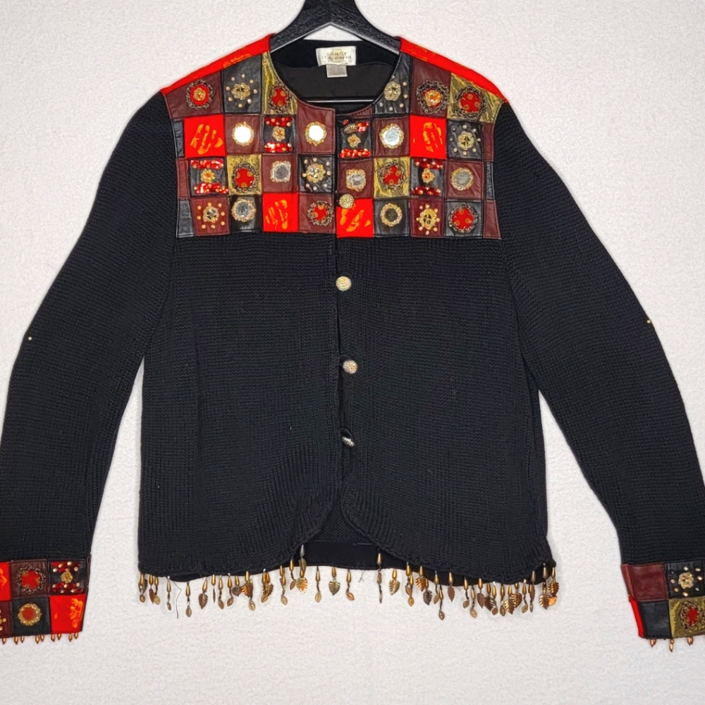 Vintage SANDY STARKMAN Jacket Black Embellished Leather‎ Patchwork SZ XL #883